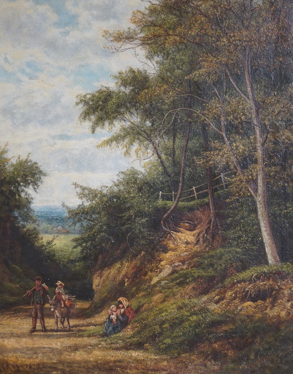 Victorian School, oil on board, Figures on a country lane, indistinctly signed and dated 1875, 48 x 37cm